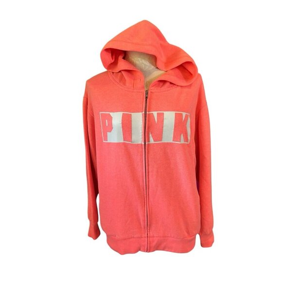 VS Victoria's Secret Bright Coral Pink Zip Up Light Logo Bright Size XS Hoodie - Picture 1 of 10